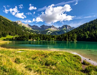 Mountain lake landscape under a partly cloudy sky