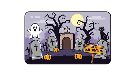 Spooky Halloween graveyard scene with ghosts, pumpkins, tombstones, a black cat, and a full moon.