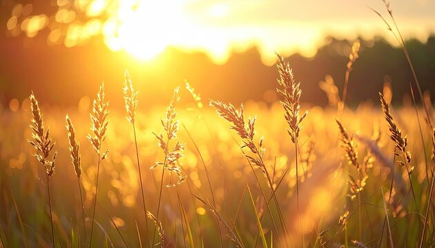Golden Hour Wheat Field Macro with Blurry Trees and Strong Sun Flare - Powered by Adobe