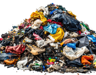 Large colorful pile of trash and waste against a transparent background