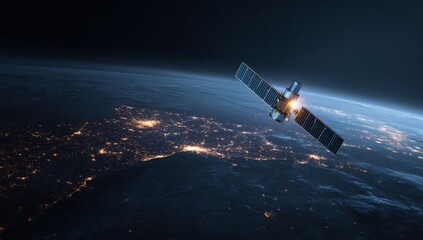 Fototapeta premium Satellite Orbiting Earth at Night Illuminated by City Lights
