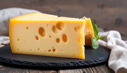 Cheese slice on dark stone plate