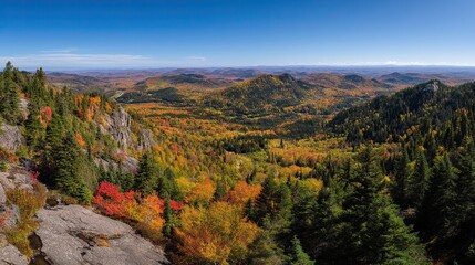 The colorful autumn trees under the blue sky showcase the beauty and diversity of the autumn landscape, displaying the transition of leaves from green to red, yellow, orange, pink, and deep purple.
