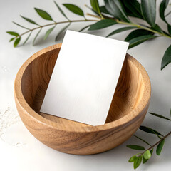 Blank notecard in wooden bowl mockup