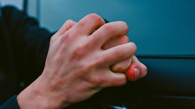 A hand in pain, with red fingernail, showing the consequences of an accident, Hand injury after a fall, showing pain and discomfort with a bruised fingernail