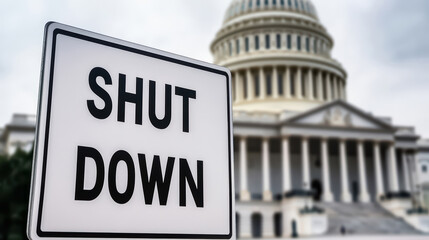 A sign reading "SHUT DOWN" is prominently displayed in front of a large government building, indicating a closure or halt in operations.