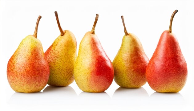 Five Ripe Abate Pears In A Row Isolated On White Background