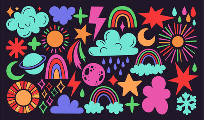 Set of doodle symbols of space, cosmos, weahter. Cartoon stickers.  Galactic, planets, sun, rainbow, clouds elements.