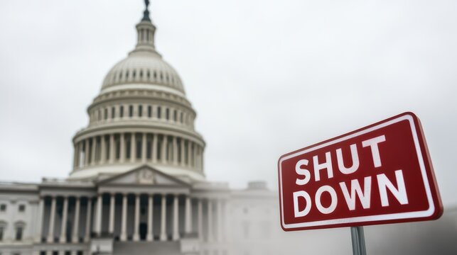 Image depicts the U.S. Capitol building with a "SHUT DOWN" sign in the foreground, highlighting a political or governmental crisis.