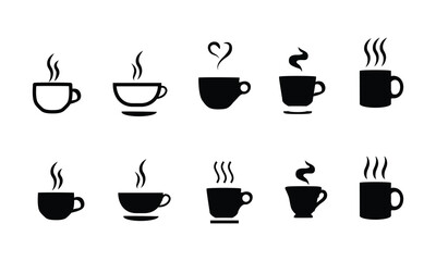 Coffee cup vector icon set. Cups of coffee or tea collection. Hot drink icon. Disposable cup. Cup coffe with steam