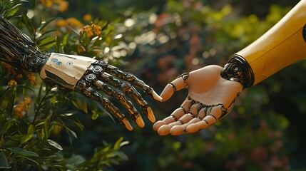 Robotic and human hands reach toward each other, forming a heart. Nature backdrop