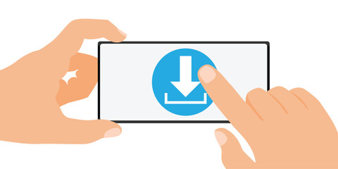 Hands holding smartphone with download symbol on display