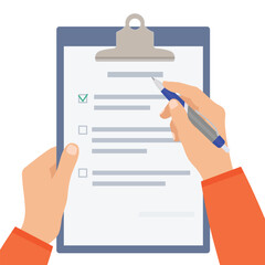 Hands holding clipboard with checklist, green check marks and pen