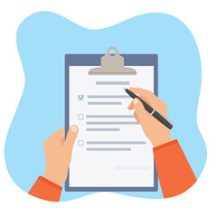 Hands holding clipboard with checklist, green check marks and pen