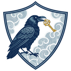 A medieval knight's helmet on a rocky outcrop with mountains and trees.