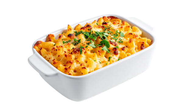 Baked macaroni and cheese in a white dish isolated on solid white background Png form