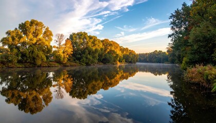 Fototapeta premium Serene River Reflecting Autumn Trees Under a Blue Sky With Wispy Clouds Nature Landscape With Golden Sunlight and Tranquil Water Surface