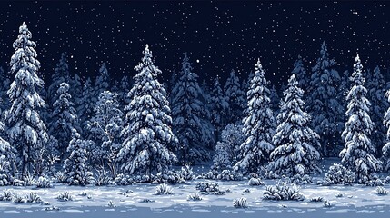 Naklejka premium Snowy pine forest at night, with falling snow and starry sky, front view, copy space