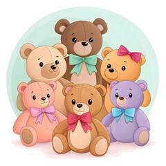 Adorable collection of six plush teddy bears with bows