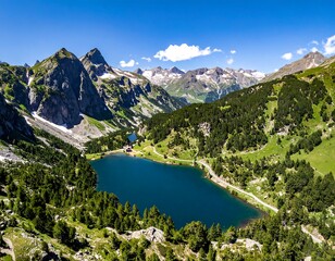 Mountain lake nestled in a valley