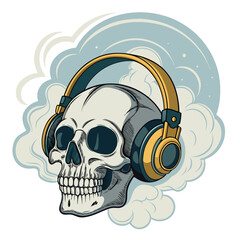 A skull wearing headphones against a background of stylized clouds.
