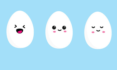 Egg character collection. Smiling and happy eggs. Cute boiled eggs with kawaii funny cartoon faces in different poses