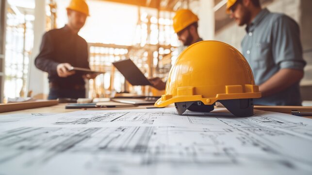 Construction team reviewing blueprints with hard hats and plans laid out, focused on design