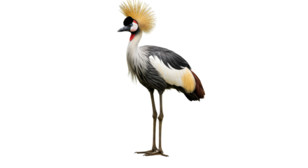 Grey crowned crane PNG isolated on transparent backdrop, exotic bird with golden plumage for design projects and educational use