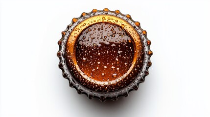 Close-up beer cap, condensation, wet. Orange-brown color with metal edges, isolated on white