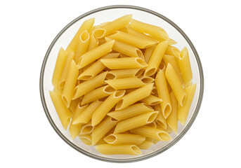 Penne pasta in a glass bowl isolated, uncooked Italian pasta tubes for healthy eating and culinary use