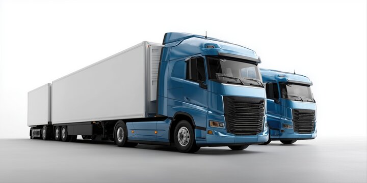 Two blue cargo trucks with trailers on white background