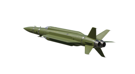 Olive green futuristic aircraft isolated on transparent background, military jet for science fiction and aerospace concepts