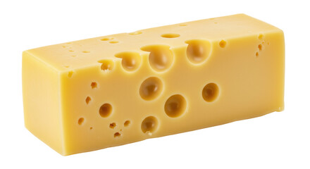 Block of Swiss cheese isolated on transparent background, yellow dairy product with holes for cooking and food photography