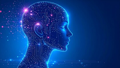 Profile of a female head, circuit board texture, glowing blue