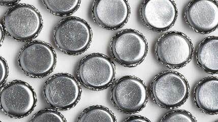 Overhead shot of numerous silver metal bottle caps scattered on a white surface