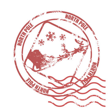 Santa Claus air mail grunge rubber postal stamp. Christmas mail stamp. Vintage postmark design for holiday winter mail. Christmas stamp tag with Santa Claus and reindeer silhouettes. Vector illustrati