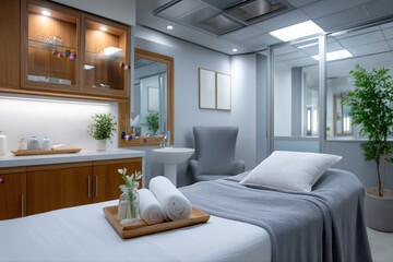 Fototapeta premium Serene spa therapy room with soft lighting and cozy ambiance