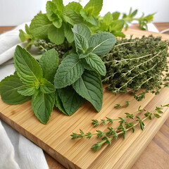 A collection of fresh herbs mint basil oregano thyme