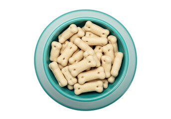 Dog bone treats in a blue bowl isolated, pet food for canine nutrition and animal care on no background