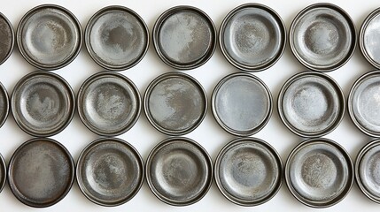 Row of vintage, metallic plates against white backdrop