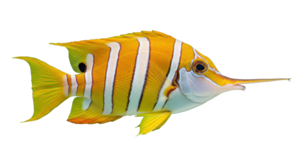 Longnose butterflyfish isolated PNG, yellow and white striped tropical fish with elongated snout on transparent background