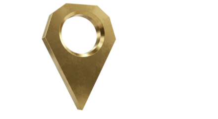 Golden map pointer isolated PNG, location pin icon for navigation and travel concepts on transparent background