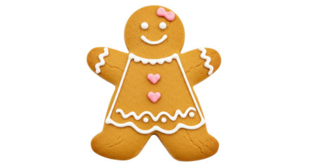 Gingerbread girl cookie isolated on transparent background, festive holiday treat for Christmas and winter celebrations