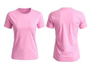 Two views of a pink, crew neck, short sleeve T-shirt. Front and back