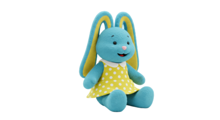 Cute blue bunny plush toy in yellow polka dot dress isolated on transparent background, adorable stuffed animal for kids and nursery decor