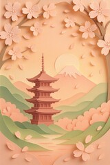 Pagoda and Fuji at Sakura Sunset — Paper Cut Scene