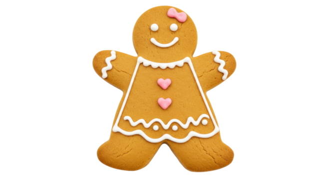 Gingerbread girl cookie isolated on transparent background, festive holiday treat for Christmas and winter celebrations