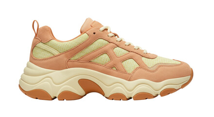 Peach-colored chunky sneaker isolated on transparent background, fashionable footwear for casual...