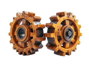 Two intricately crafted wooden gears meshing together against a black backdrop