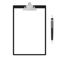 Ballpoint pen and clipboard with paper sheet, isolated on white background